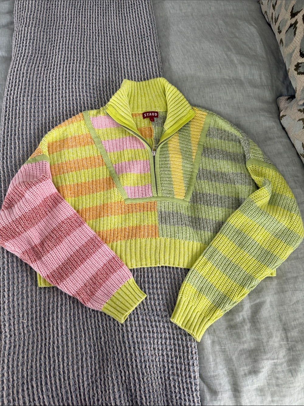 STAUD Neon Multi-Stripe Cropped Half-Zip Turtleneck Sweater